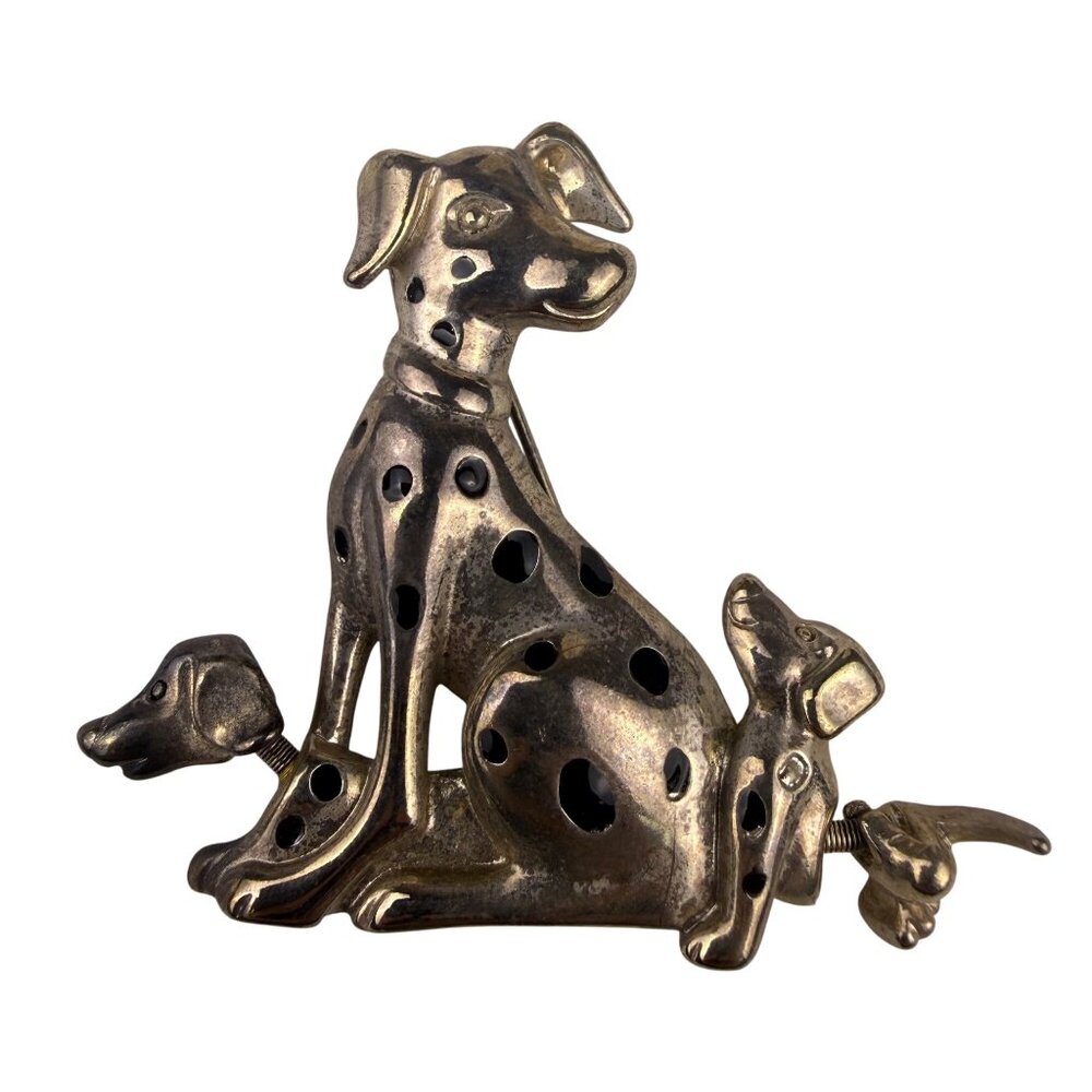 Vintage Unknown Gold Tone Metal Dalmatian Dog Brooch With 2 Puppies